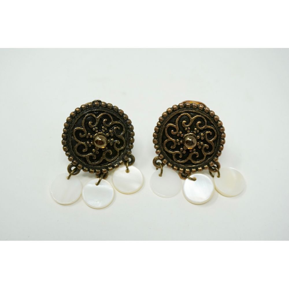 Vintage Chico's Antiqued Brass and Mother of Pearl Clip On Earrings